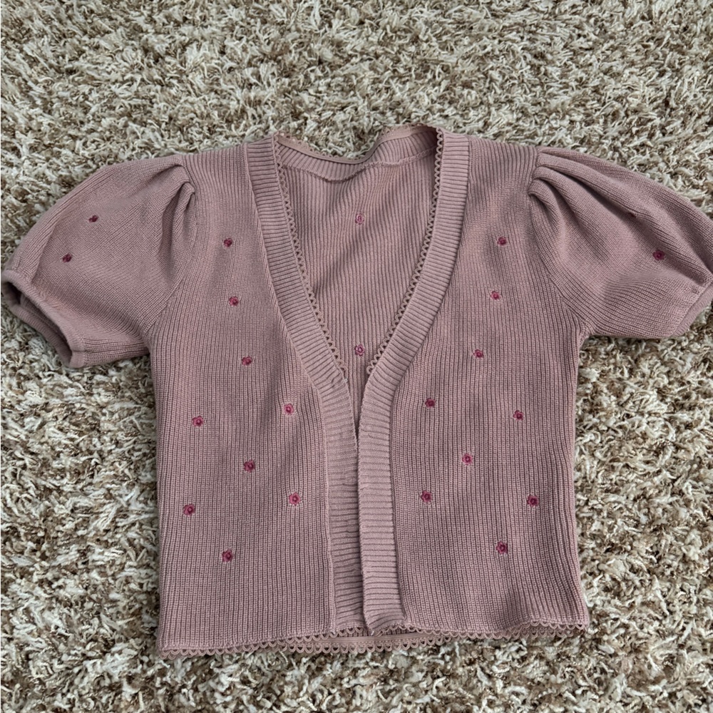 Pink Short Sleeve Cardigan top with Embroidered flowers